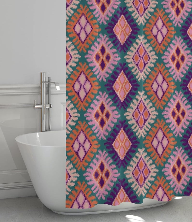 Worthwhile Goods Pink Ikat Print Shower Curtain, Bathroom Decor, Boho Colorful Modern Fabric Shower Curtain 72x72 Inches (Ikat) - Image 1